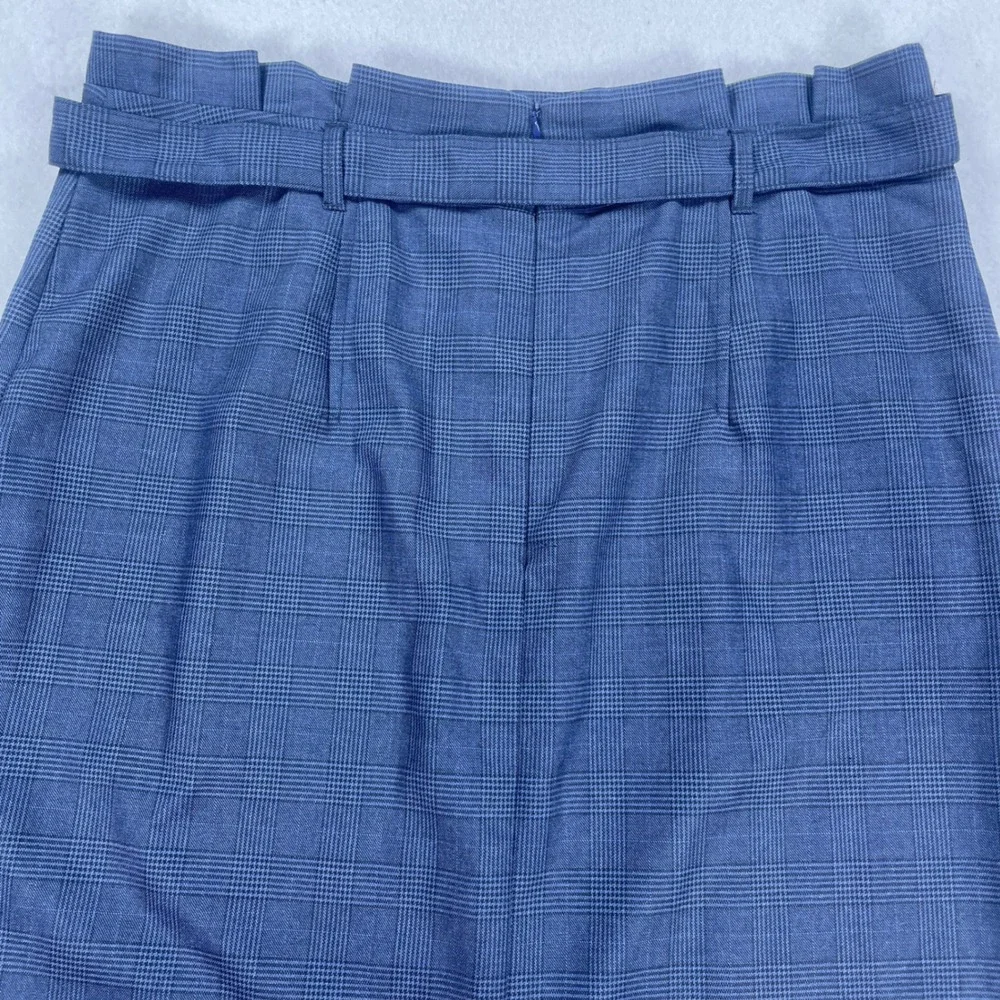 Blue Glen Plaid Paper Bag Waist Pencil Skirt with Belted Tie and Back Vent